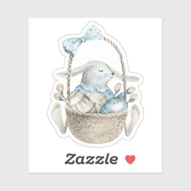 Watercolor Blue Easter Bunny Eggs Basket Sticker (Sheet)