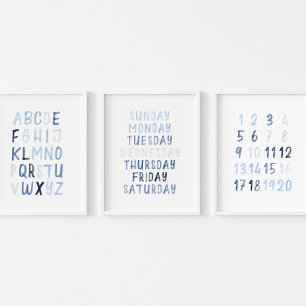 Watercolor blue educational set of 3 art print