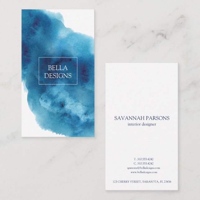 Watercolor Blue Elegant Clean Business Card (Front/Back)