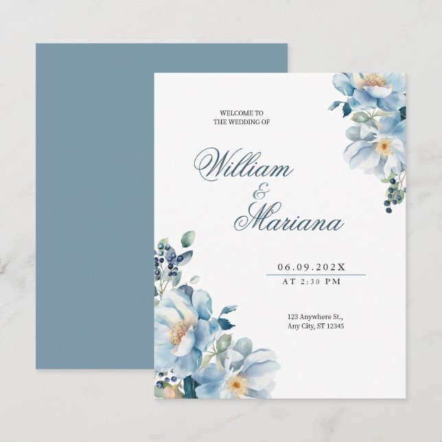 Watercolor blue elegant floral wedding invitation (Front/Back)