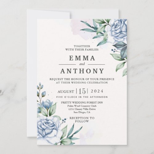 Watercolor Blue Elegant Floral Wedding Invitation