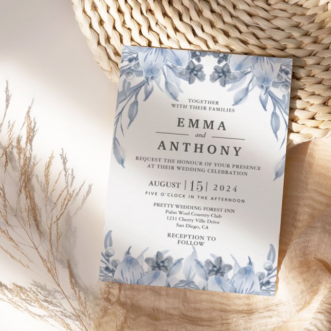 Watercolor Blue Elegant Floral Wedding Invitation (Creator Uploaded)