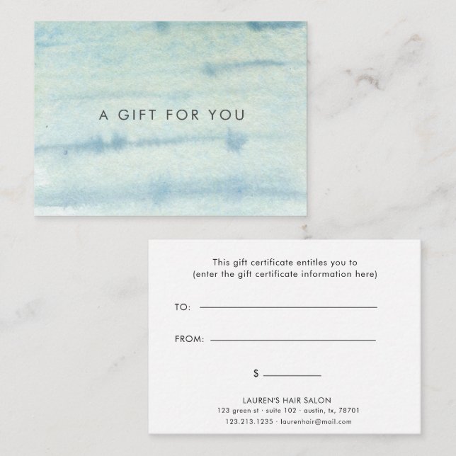 Watercolor Blue Elegant Gift Certificate (Front/Back)