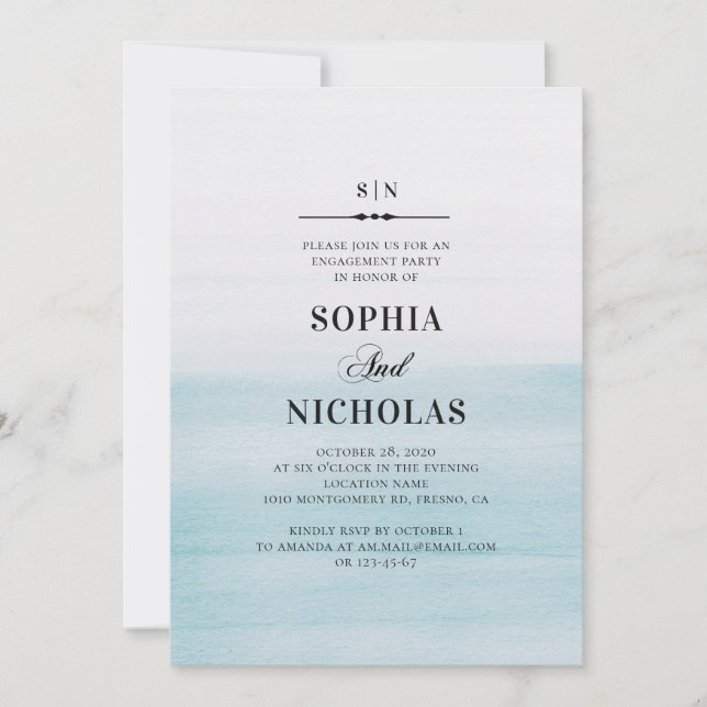 Watercolor blue elegant nautical engagement party invitation (Front)