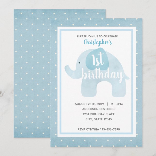 Watercolor Blue Elephant 1st Birthday Boy Invitation (Front/Back)