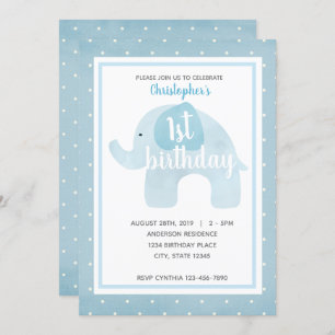 Watercolor Blue Elephant 1st Birthday Boy Invitation
