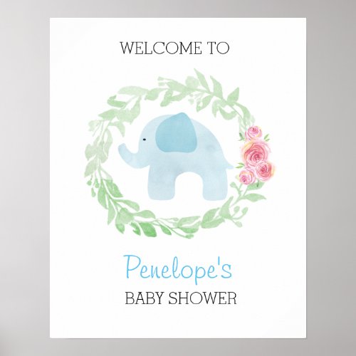 Watercolor Blue Elephant Baby Boy Shower Welcome  Poster