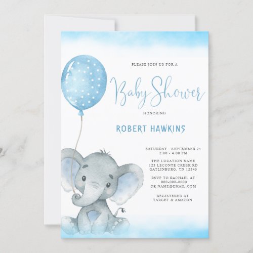 Watercolor Blue Elephant Boy Baby Shower Invitation