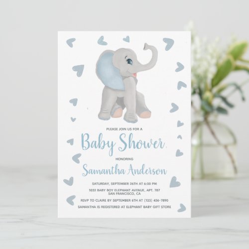 Watercolor Blue Elephant Boy Baby Shower Photo Invitation
