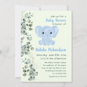 Watercolor Blue Elephant Nursery Boy Baby Shower Invitation