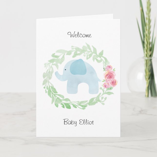 Watercolor Blue Elephant Welcome Baby Card (Front)