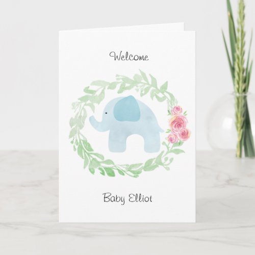 Watercolor Blue Elephant Welcome Baby Card