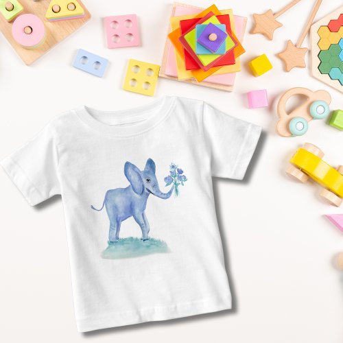 Watercolor Blue Elephant With Flowers Baby T_Shirt