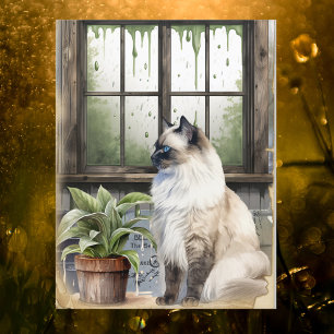 Watercolor Blue Eyed Cat on a Rainy Day Holiday Postcard