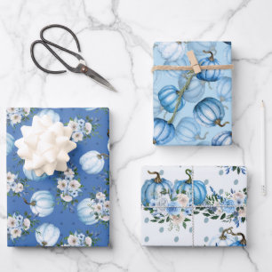 WATERCOLOR BLUE FALL AUTUMN PUMPKINS & FLOWERS WRAPPING PAPER SHEETS