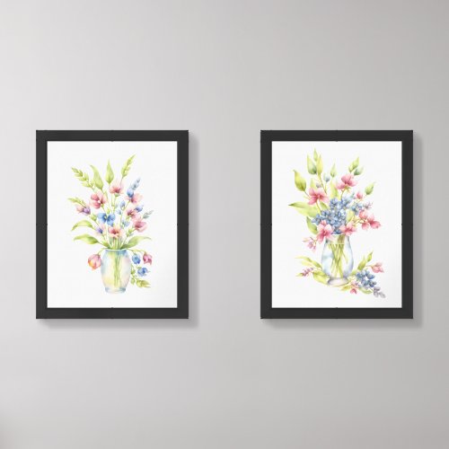 Watercolor Blue False Indigo Bouquet in Vase Wall Art Sets