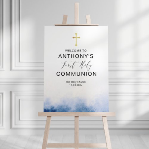 watercolor blue first holy communion welcome sign