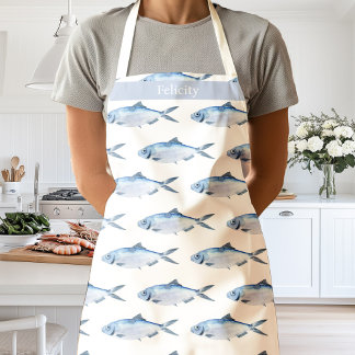 Watercolor Blue Fish Coastal Apron
