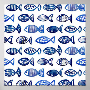 Watercolor blue fish pattern print. Sea animal art Poster