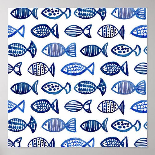Watercolor blue fish pattern print Sea animal art Poster