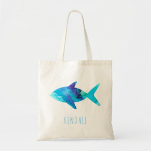 Watercolor Blue Fish Sea Life Kids Personalized Tote Bag