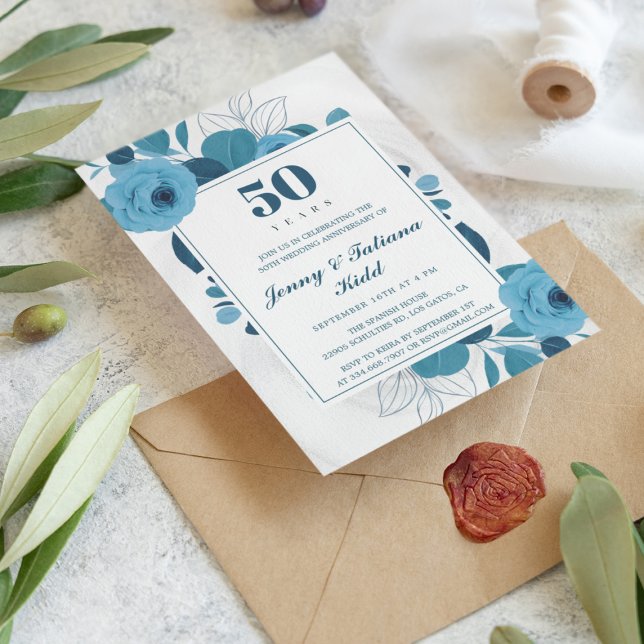 Watercolor Blue Floral 50th wedding anniversary Invitation (Creator Uploaded)