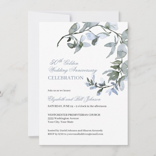  Watercolor Blue Floral 50th Wedding Anniversary Invitation (Front)