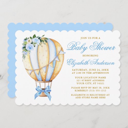 Watercolor Blue Floral Air Balloon Bow Baby Shower Invitation