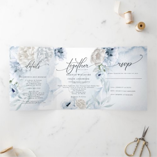 Watercolor Blue Floral ALL IN ONE WEDDING 2 Tri_Fold Invitation