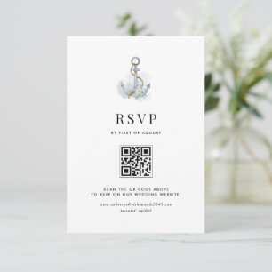 Watercolor Blue Floral Anchor Nautical QR Code RSVP Card