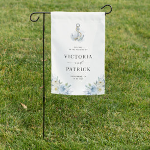 Watercolor Blue Floral Anchor Nautical Wedding Garden Flag