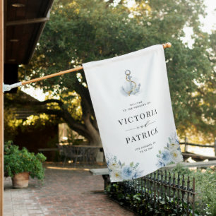 Watercolor Blue Floral Anchor Nautical Wedding House Flag