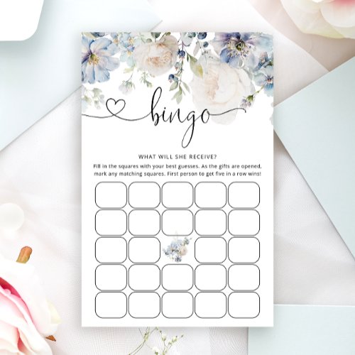 Watercolor Blue Floral Baby Bingo Game Card