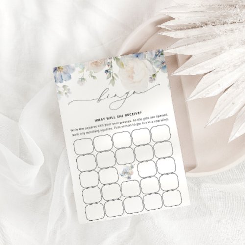 Watercolor Blue Floral Baby Bingo Game Card