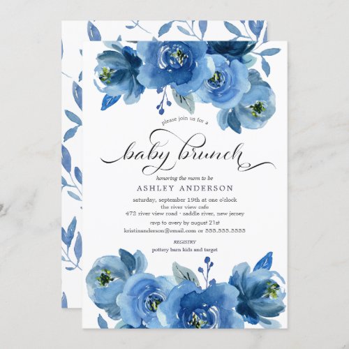 Watercolor Blue Floral Baby Brunch Invitation - Beautiful watercolor indigo navy blue flowers baby shower design with a coordinating leaf back for an extra special touch.