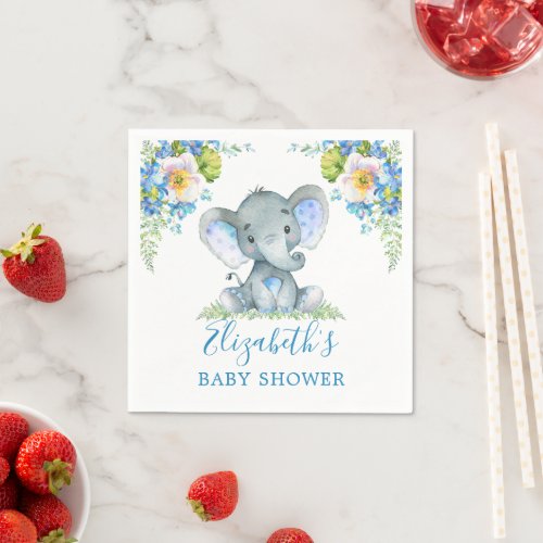 Watercolor Blue Floral Baby Elephant Baby Shower Napkins