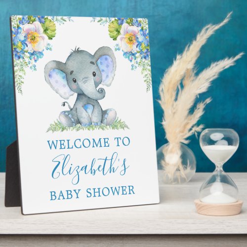 Watercolor Blue Floral Baby Elephant Baby Shower Plaque