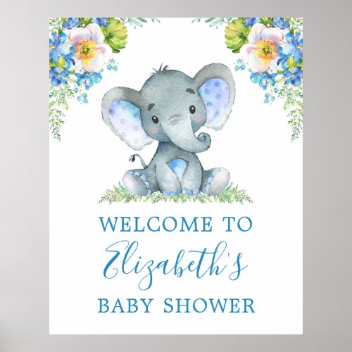 Watercolor Blue Floral Baby Elephant Baby Shower Poster