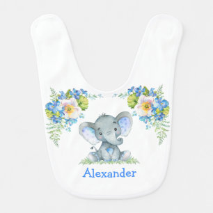 Watercolor Blue Floral Baby Elephant on Greenery Bib