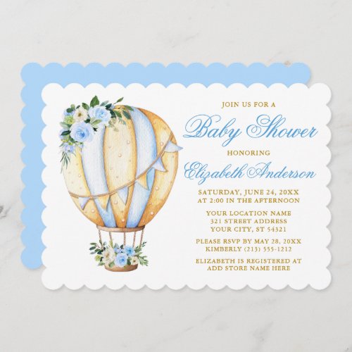 Watercolor Blue Floral Baby Shower Air Balloon Invitation