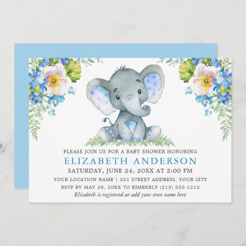 Watercolor Blue Floral Baby Shower Elephant Invitation