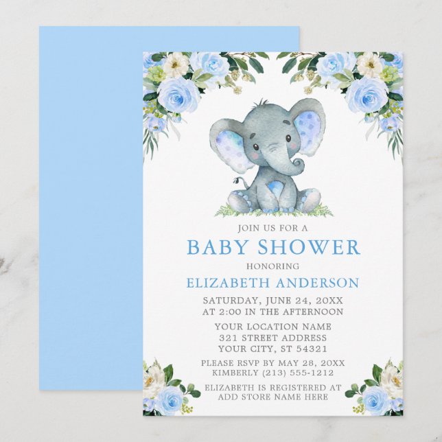 Watercolor Blue Floral Baby Shower Elephant Invitation (Front/Back)