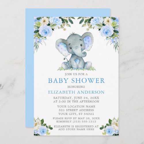 Watercolor Blue Floral Baby Shower Elephant Invitation