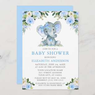 Watercolor Blue Floral Baby Shower Elephant Silver Invitation