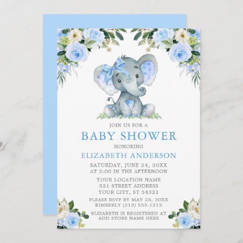 Watercolor Blue Floral Baby Shower Elephant Silver Invitation