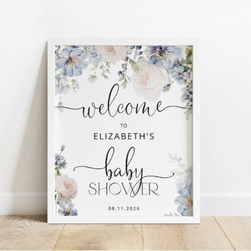 Watercolor Blue Floral Baby Shower Welcome Poster