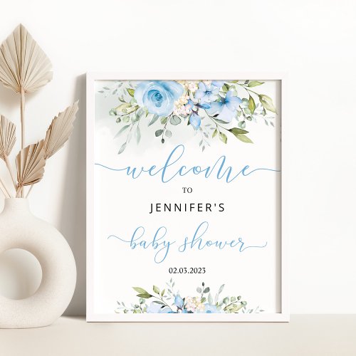 Watercolor blue floral baby shower welcome sign