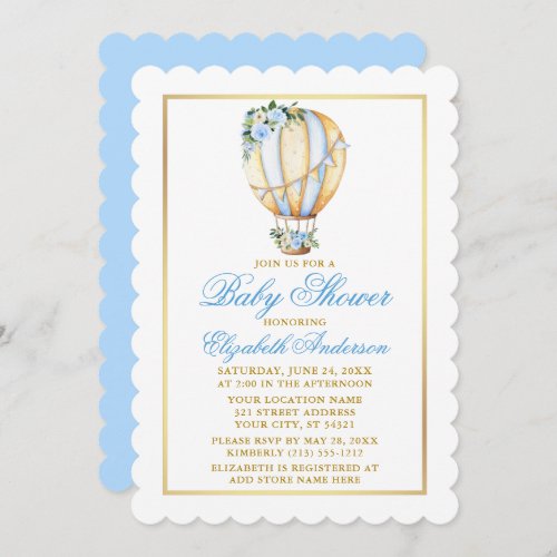 Watercolor Blue Floral Balloon Baby Shower Gold Invitation