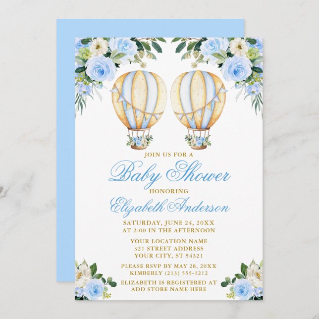 Watercolor Blue Floral Balloons Twins Baby Shower Invitation (Front/Back)