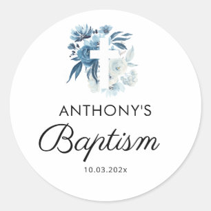 watercolor blue floral baptism classic round sticker